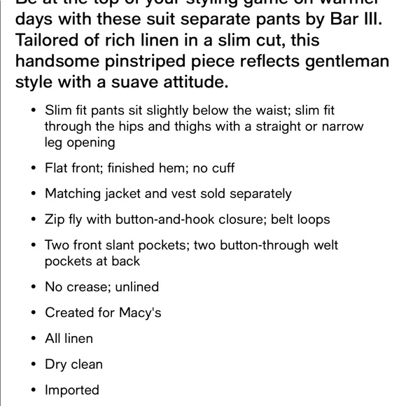 Bar III Men’s Slim Fit Tan Pinstripe Linen Suit Pants Created for Macy’s - Picture 9 of 10